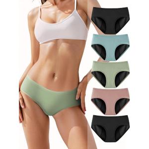 TIICHOO Period Underwear for Women Heavy Flow Soft Menstrual Panties Teens Ladies Leakproof Incontinence 5 Pack (Small, 2 Black/1 Turquoise Green/1 Rose Gold/1 Matcha Green)