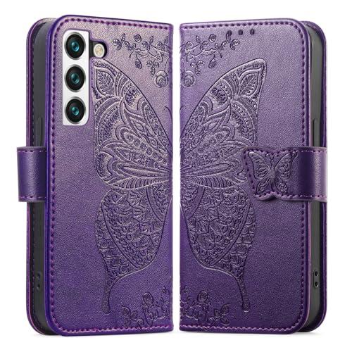 DiGPlus Galaxy S22 5G Wallet Case, [Butterfly & Flower Embossed] PU Leather Wallet Case Flip Protective Phone Cover with Card Slots and Kickstand for Samsung Galaxy S22 6.1-Inch (Purple)