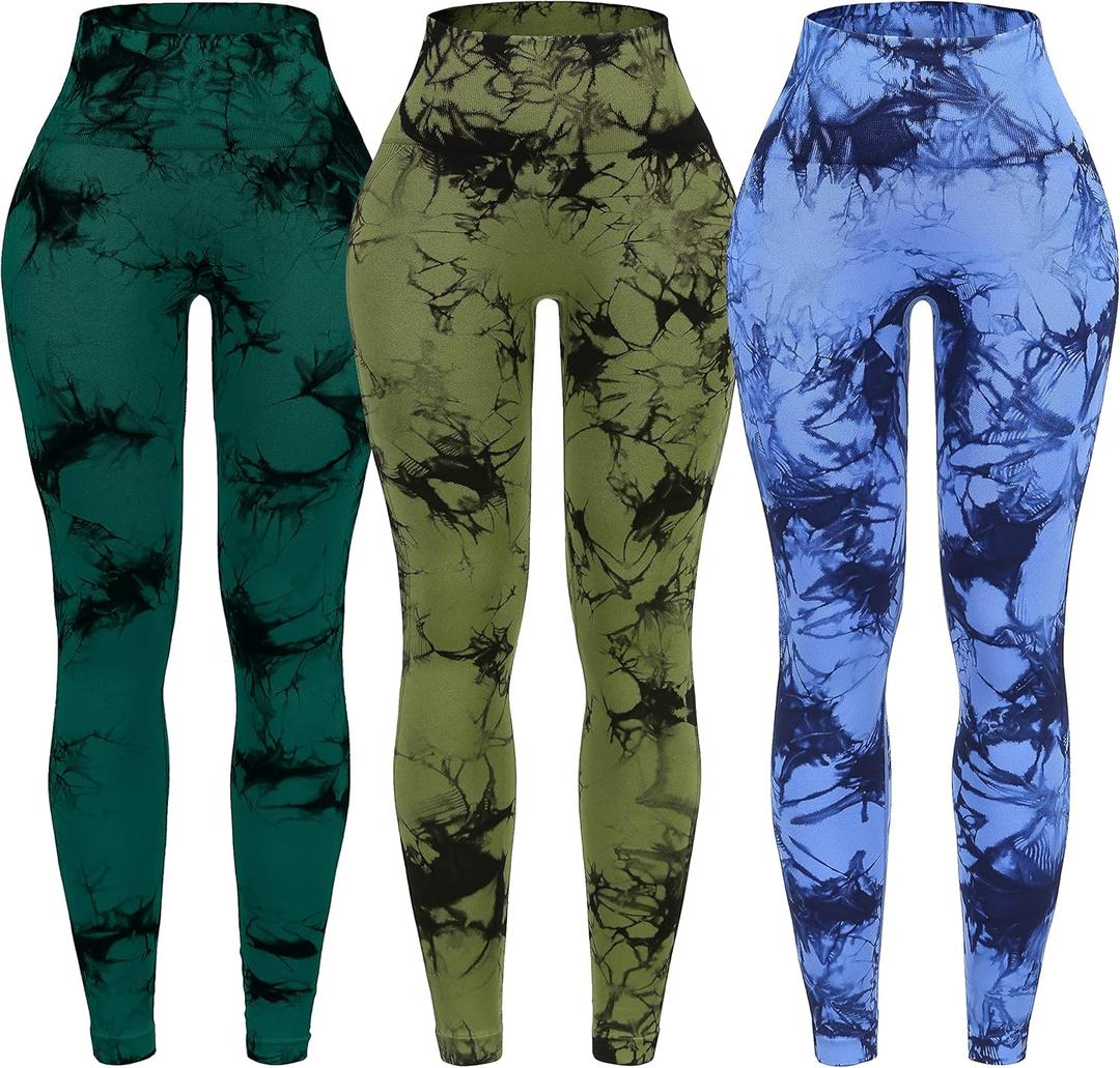 OVESPORT 3 Pack Tie Dye Seamless High Waisted Workout Leggings for Women Scrunch Butt Lifting Yoga Gym Athletic Pants (Medium, 3pack-blue/Green/Cyan)