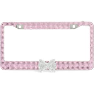 License Frame Pink 7 Rows Bling Diamond Crystal with Clear Bow Tie Aluminum Rust-Resistant License Holder Sturdy Build Decorative Style Classic Durable Registration Number Frame