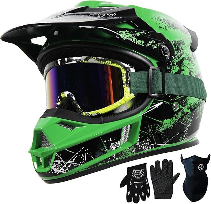 for Kids 4-16 DOT Certified Youth Dirt Bike & ATV Helmet,Full Face Motorcycle Helmet for Boys & Girls for Motocross, Go-Kart, Electric Dirtbike and Off-Road Riding (Green, M)