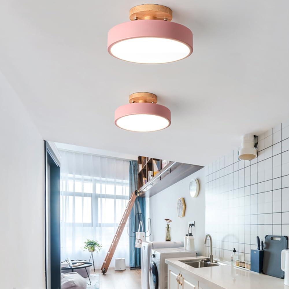 Dimmable LED Ceiling Light Fixture,1-Lights 9 Inch Pink Modern Ceiling Lights Flush Mount Wooden 12W Chandelier for Living Room Bedroom Kitchen,3000K/4000K/6000K Temperatures Selectable
