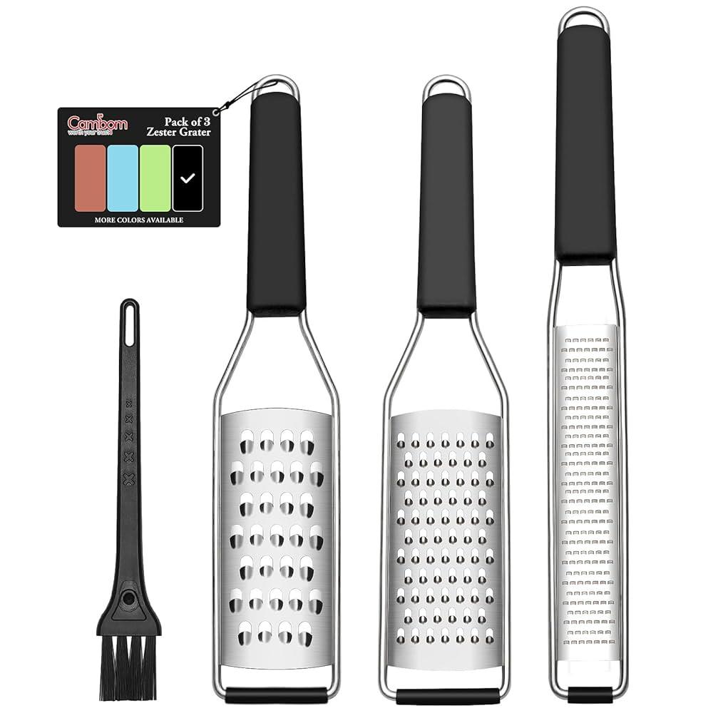Cambom Lemon Zester Grater Three-piece Suit - Heavy Duty Kitchen Tool for Parmesan Cheese, Ginger, Garlic, Nutmeg, Chocolate, VegetablesFruitsStainless Steel Grater Dishwasher Safe Black (Set of 3)