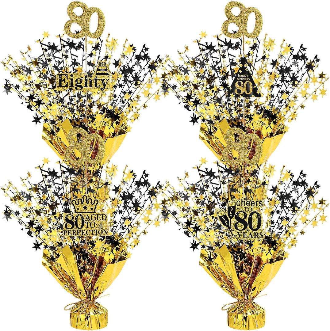 Tatuo 4 Pcs Metallic Foil Spray Centerpiece Happy 30th 40th 50th 60th 70th 80th Years Centerpiece Table Decorations for Black and Gold Birthday Anniversary Wedding Party Table Decor (80th Birthday)