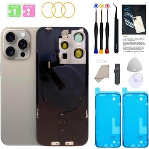 Back Glass Replacement for iPhone 15Pro Max with Repir Tools, Big Hole Rear Back Cover Glass Replacement All Carriers with Pre-Installed Adhesive and Repairing Tool Kits