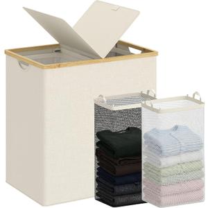 Efluky Laundry Hamper with Lid, Double Laundry Hamper with 2 Removable Bags, 2 Section Laundry Basket with Bamboo Handles for Bathroom, Bedroom & Laundry Room, 140L (36.9 Gallon) Beige