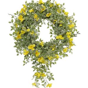 22" Spring Wreath with Swag Tail for Front Door, Vibrant Yellow Silk Forsythia & Greenery Cascading Design on Natural Grapevine Base, Rustic Farmhouse Dcor