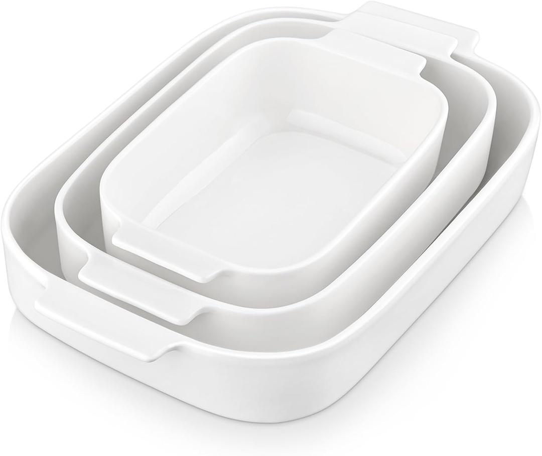 MALACASA Casserole Dishes for Oven, Ceramic Baking Dishes Set of 3, Rectangular Lasagna Pan Deep Baking Pans, Bakeware Sets with Handles Gift Set, White (13.8''/11.7''/9.4''), Series BAKE