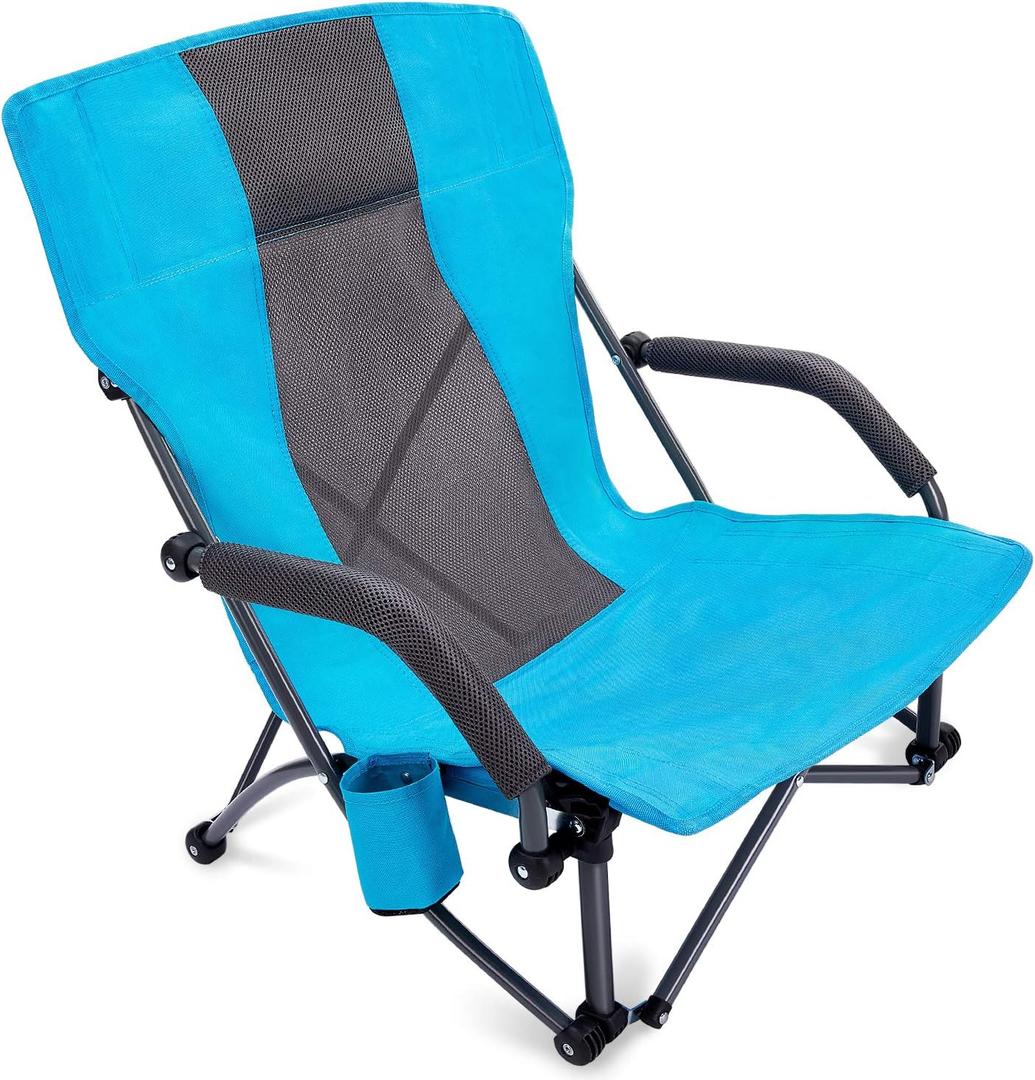 G4Free Low Sling Folding Beach Camping Chairs Compact Concert Lumbar Back Support with Carry Bag Blue, 22.8 inches x 27.5 inches x 31.6 inches