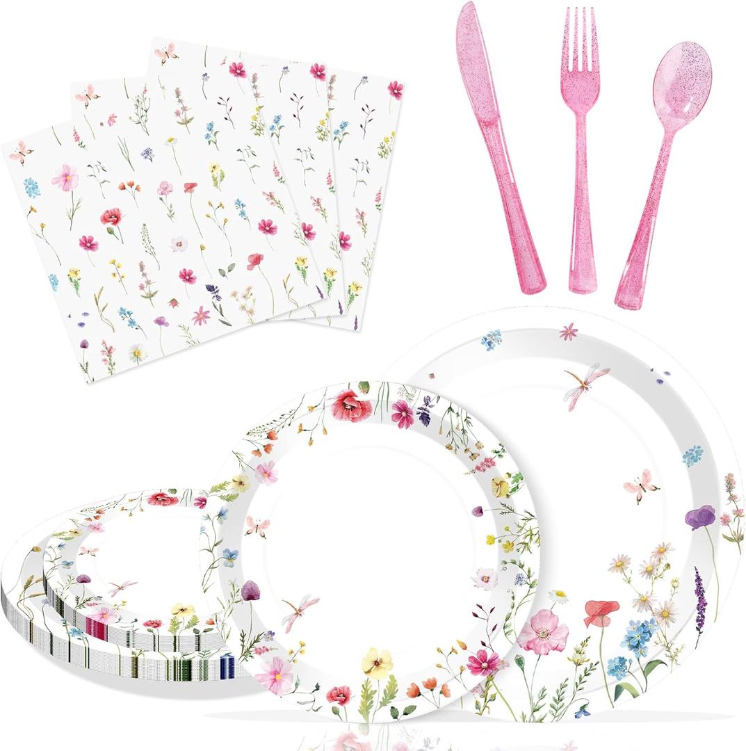 Wildflower Party Decorations,Floral Baby Shower Birthday Tableware Decorations, Wildflower Plates and Napkins for Summer Picnic Wedding Tea Party,Serve 25 Guests