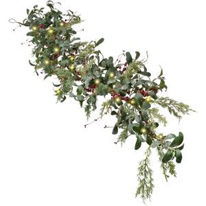 Christmas Garland with Lights, 7.5ft Greenery Pine Garland/Red Berry Garlands, Prelit Garland for Mantle Fireplace Outdoor Thanksgiving Xmas Holiday Decorations (Olive Leaf)