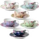 BTaT Floral Tea Cups and Saucers, Set of 6, 7 oz, Fine Porcelain Teacup Set with Gold Trim for Afternoon Tea, Weddings, Parties & Gifting, Dishwasher Safe and Freezer Safe, Mothers Day Gift