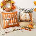 Artscope Fall Decorative Throw Pillow Covers 18x18 Inch Set of 4, Hello Happy Autumn Pumpkin Striped Maple Leaves Harvest Outdoor Farmhouse Pillow Cases for Home Sofa Couch-Orange D
