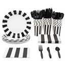 Black and White Party Decorations - Serves 24 Striped Party Supplies with Plates, Napkins, Cups and Cutlery for Birthday, Graduation - Emo Birthday Decorations