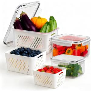3 Pcs Fruit Containers for Fridge, Strawberry Storage Containers for Fridge, Food Storage Container with Airtight Lid, Removable Colander Basket for Rinsing and Draining, Keep Produce Fresh Longer