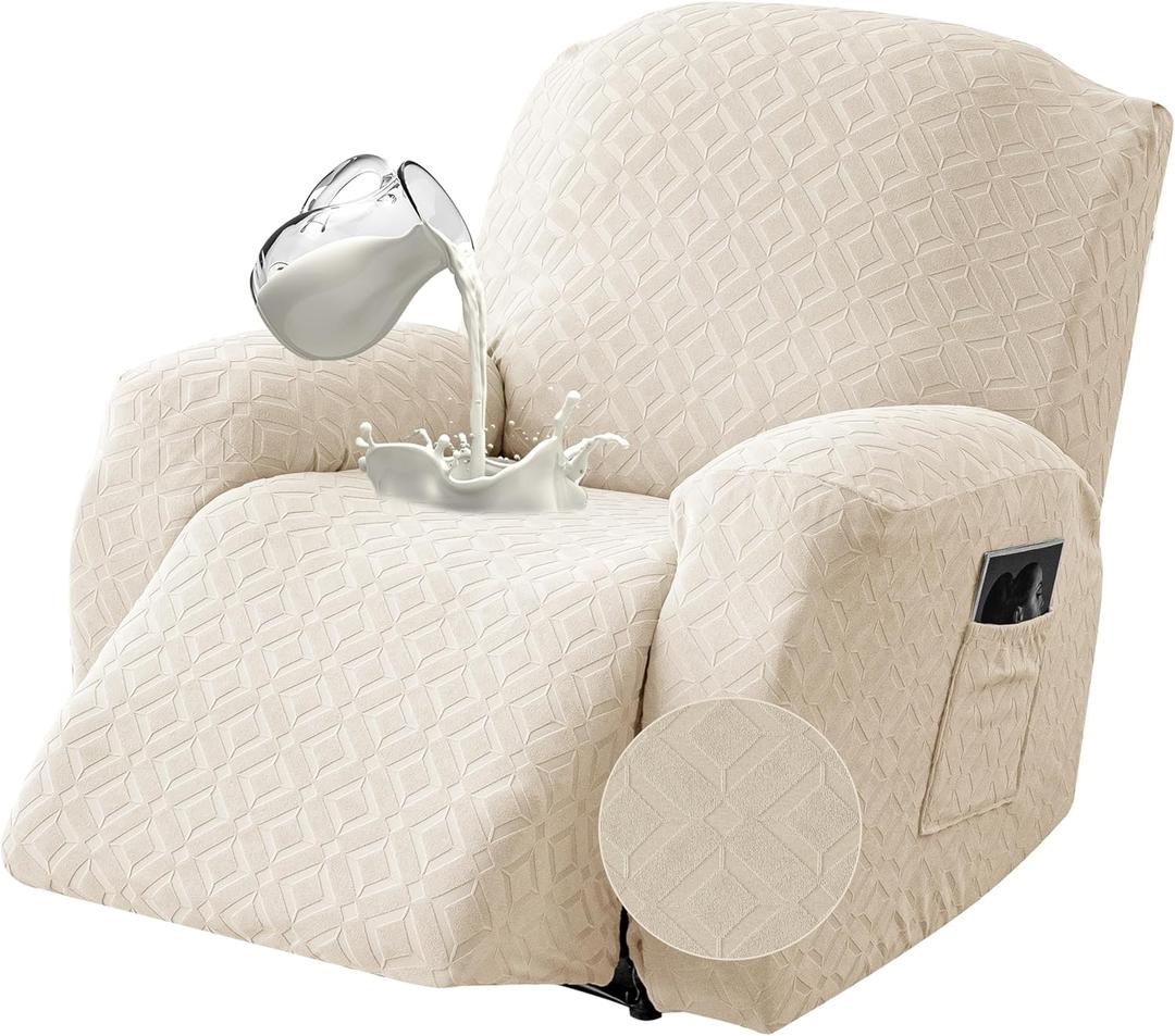 Gennia Waterproof Recliner Chair Cover,Stretch Reclining Sofa Covers with Pockets,Washable Lazy Boy Recliner Slipcovers,Leakproof Couch Protector for Kids, Pets, Dog and Cat (XL-Recliner, Beige)