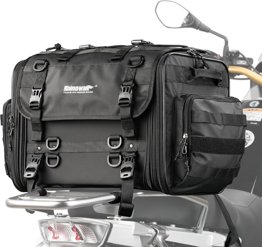 Rhinowalk Motorcycle Tail Bag, Expandable Motorcycle Travel Luggage Bags 60L, Waterproof All-Weather Trunk Rack Bag with Sissy Bar Straps & Helmet Rain Cover-Black