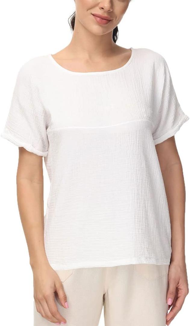 Soojun Women's Cotton Linen Round Collar Boxy Top Patchwork Blouses (White, M)