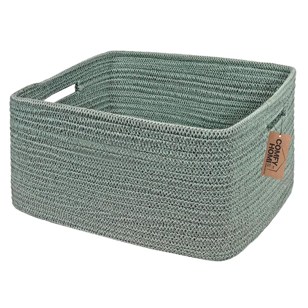 COMFY-HOMI Cotton Rope Woven Basket with Handles for Shelves,Toys,Book, Cloth Storage Baskets for Organizing-17" x 13" x 7.5" Toy Decorative Organizer for Living Room, Bathroom Green