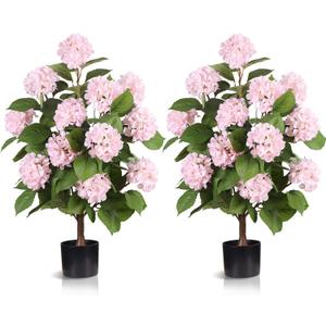 3FT Artificial Hydrangea Tree with Pink Flowers, 2 Pack Faux Silk Plant Fake Hydrangea Bush Flower Tree for Porch Patio Living Room Decor