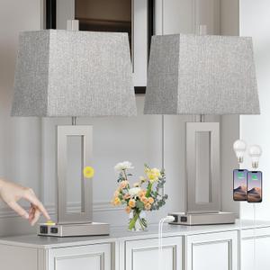 Touch Control Table Lamp Set of 2, Modern Silver Bedside Lamps with USB C+A Ports & AC Outlet, 3 Way Dimmable Bedroom Lamps for Night Stands Bedroom Living Room,Nightstand Lamp