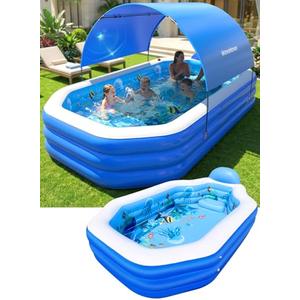 2026 Inflatable Pool with Canopy, Large Inflatable Pool for Kids,Adults, Blow Up Pools with Seats,Oversize Thickened 118"x75"x22"Inflatable Swimming Pools, Kids Pool for Backyard,Ocean Theme