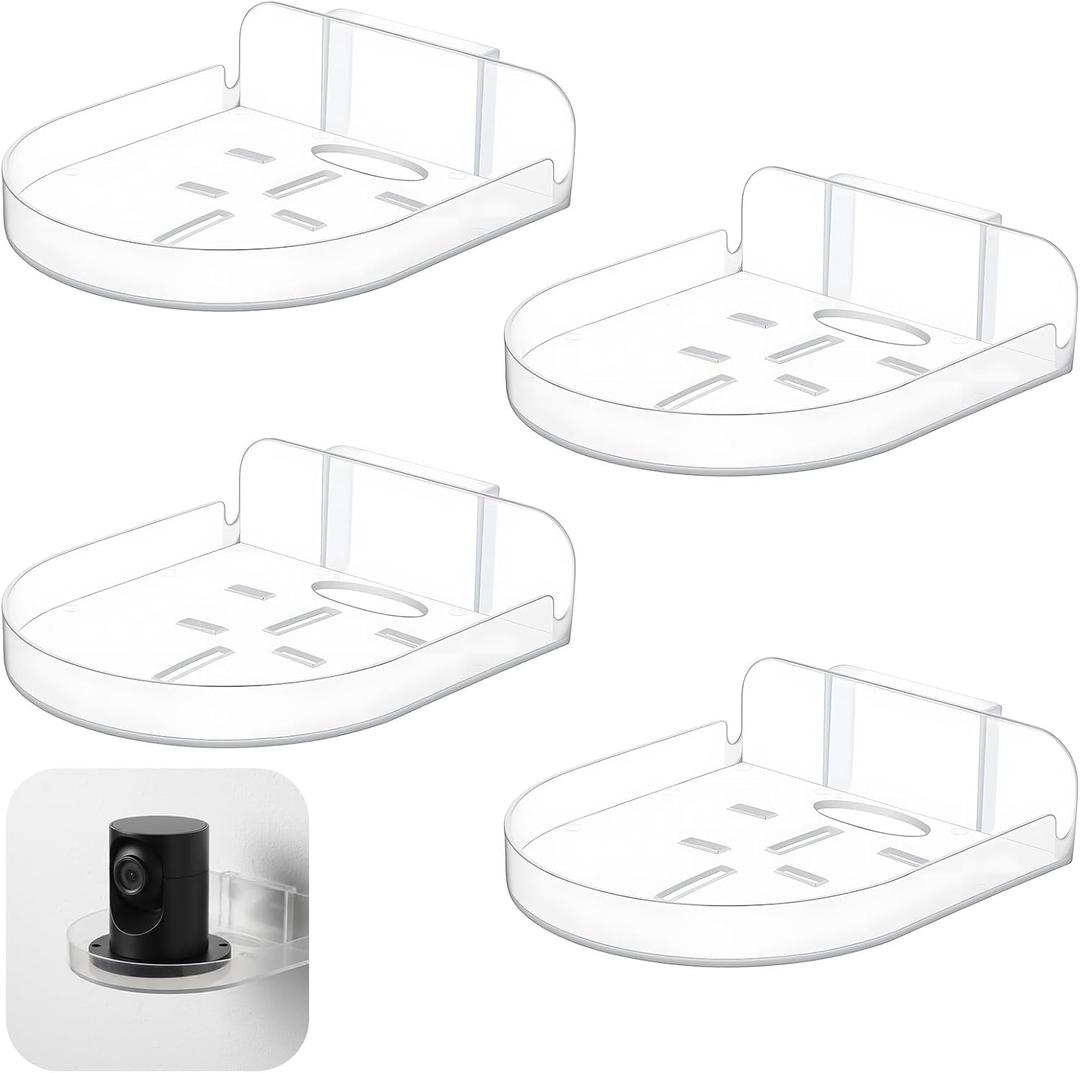 4 Pack Adhesive Security Camera Wall Mount, Universal Transparent Monitor Wall Mount Brackets with Cable Clips Versatile Surveillance Holder Self Adhesive Small Walls Shelf for Bedroom Kitchen Living
