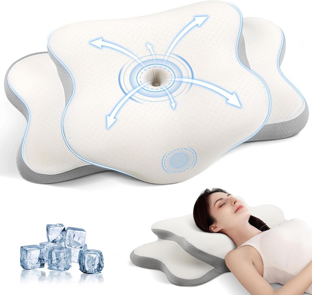 JINXIA Cervical Neck Pillow for Sleeping, Odorless Memory Foam Pillows & Soft Silk Cover, Ergonomic Orthopedic Pillow for Side Back Stomach Sleepers, Neck and Shoulder Pain Relief, White and Gray