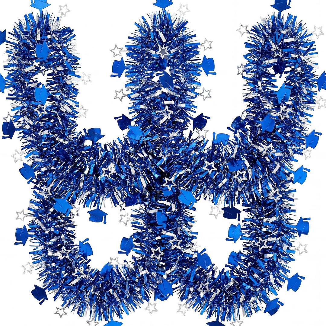 Unittype 98ft Graduation Tinsel Garland Decoration with Grad Cap & Star Garland, Class of 2026 Party Decor for School Ceremony, Porch, Photo Backdrop, Indoor, Railings, Yard Decor(Blue and Sliver)