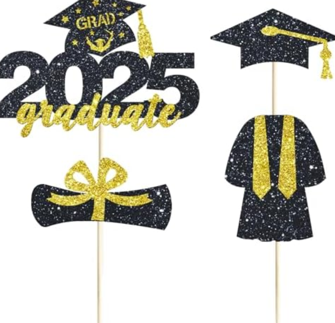 4 Pcs 2025 Graduate Cake Topper Black Glitter Congrats Grad Cake Topper Class of 2025 Cake Decor for 2025 Senior High School/College/University Happy 2025 Graduation Party Supplies Decorations, 2pack