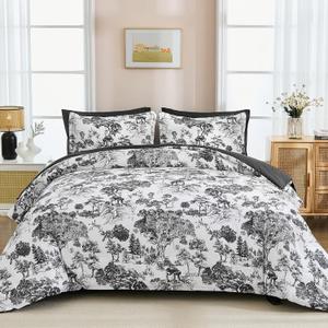 DJY Black Comforter Set Queen, 7 Pieces Black and White Botanical Comforters Queen Size Elegant Plants Print with Sheets Bed in a Bag Soft Microfiber Reversible Complete Bedding Sets for All Season