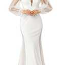 Long Sleeve Wedding Dresses for Bride V Neck A Line Satin Bridal Wedding Satin Gown Second White, L