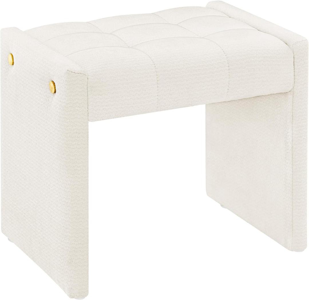 LUE BONA Modern Grid Tufted Vanity Bench Stool, 4.33'' Thick Chenille Upholstered Ottoman Footstool for Makeup Room, Bedroom & Living Room, 200lbs Capacity, White, 13"D x 18.9"W x 16.7"H