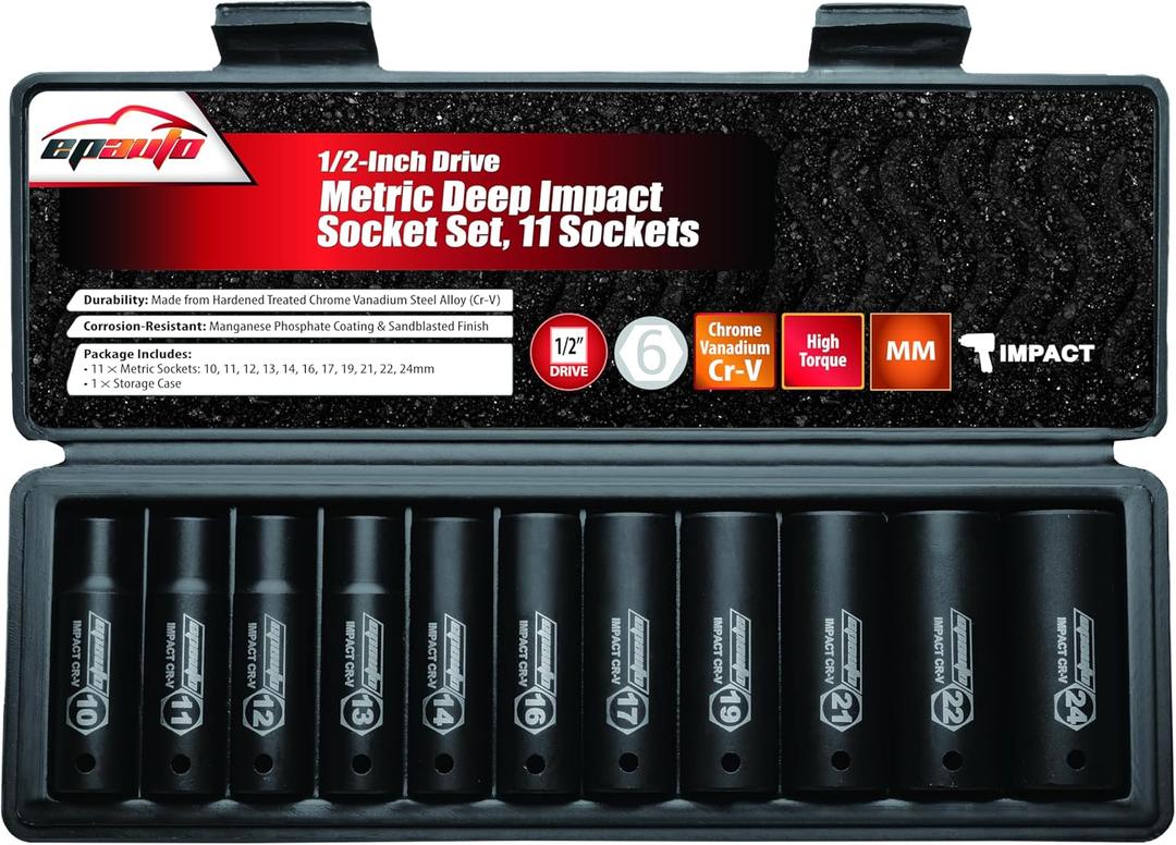 EPAuto 1/2-Inch Drive Metric Deep Impact Socket Set, Cr-V, 6 Points, 11 Sockets (Black)
