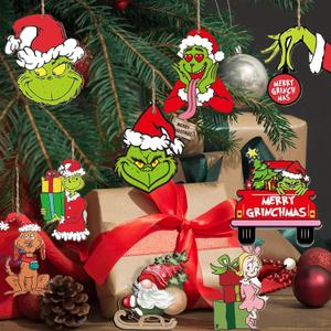 Griinch Ornaments for Christmas Tree Wood, Double-Sided Printing 24 Pcs Christmas Tree Decorations Hanging Ornaments for Tree Home Indoor Outdoor Decorations