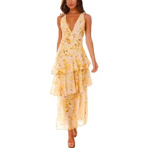 Women's Floral Maxi Dress Sexy Deep V Neck Backless Ruffles Dresses Beach Party Wedding Guest Dress (L)
