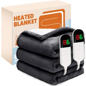 Electric Heated Blanket,Flannel & Sherpa Heated Queen Blanket 84"x90",Fast Heating Soft Fleece Blanket with 6 Heating Levels & 10H Auto Off-Grey