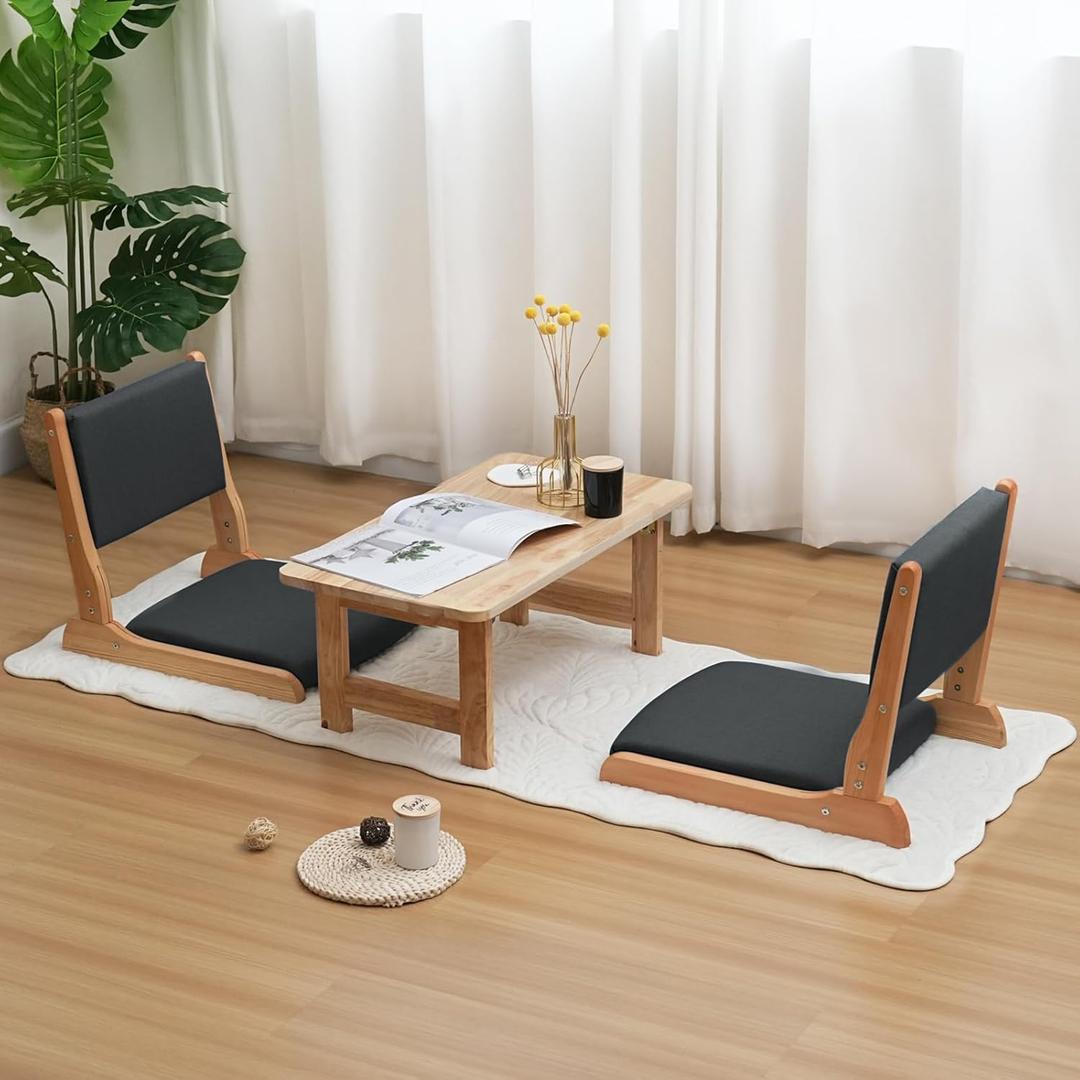 Japanese Floor Chair with Back Support, Foldable Meditation Chair, Legless Tatami Chair with Cushion, Floor Seat for Living Room, Bedroom, Bay Window (2, Gray) (Charcoal Grey)