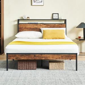 Bed Frame Full Size with Headboard, Full Size Metal Footboard Bed Frame USB Charging Station, No Box Spring Needed 81.5 x 55.7 in, Easy Assembly (Brown)