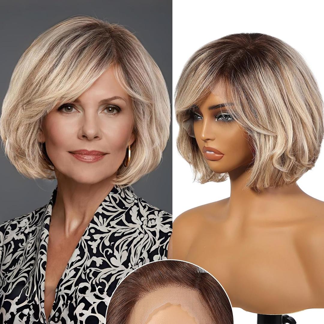 BLONDE UNICORN Ash Blonde Human Hair Wigs for Women,HD Lace Front Short Layered Wavy Bob Wig with Bangs 12 Inch