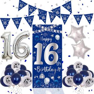 16th Birthday Decorations for Boys Girls, Blue Silver Happy 16th Birthday Decorations Door Banner 32" Number 16 Foil Balloon 33PCS Balloons Triangle Flag Sweet 16 Year Old Birthday Party Sign Supplies