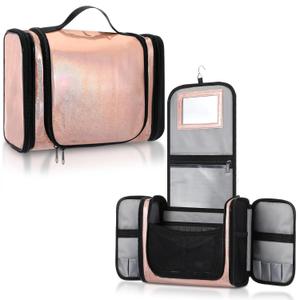 Dance Hanging Makeup Bag with Mirror Travel Toiletry Bag with Hanging Hook Cosmetics Organizer for Women Glitter Dancer Gift, Pink