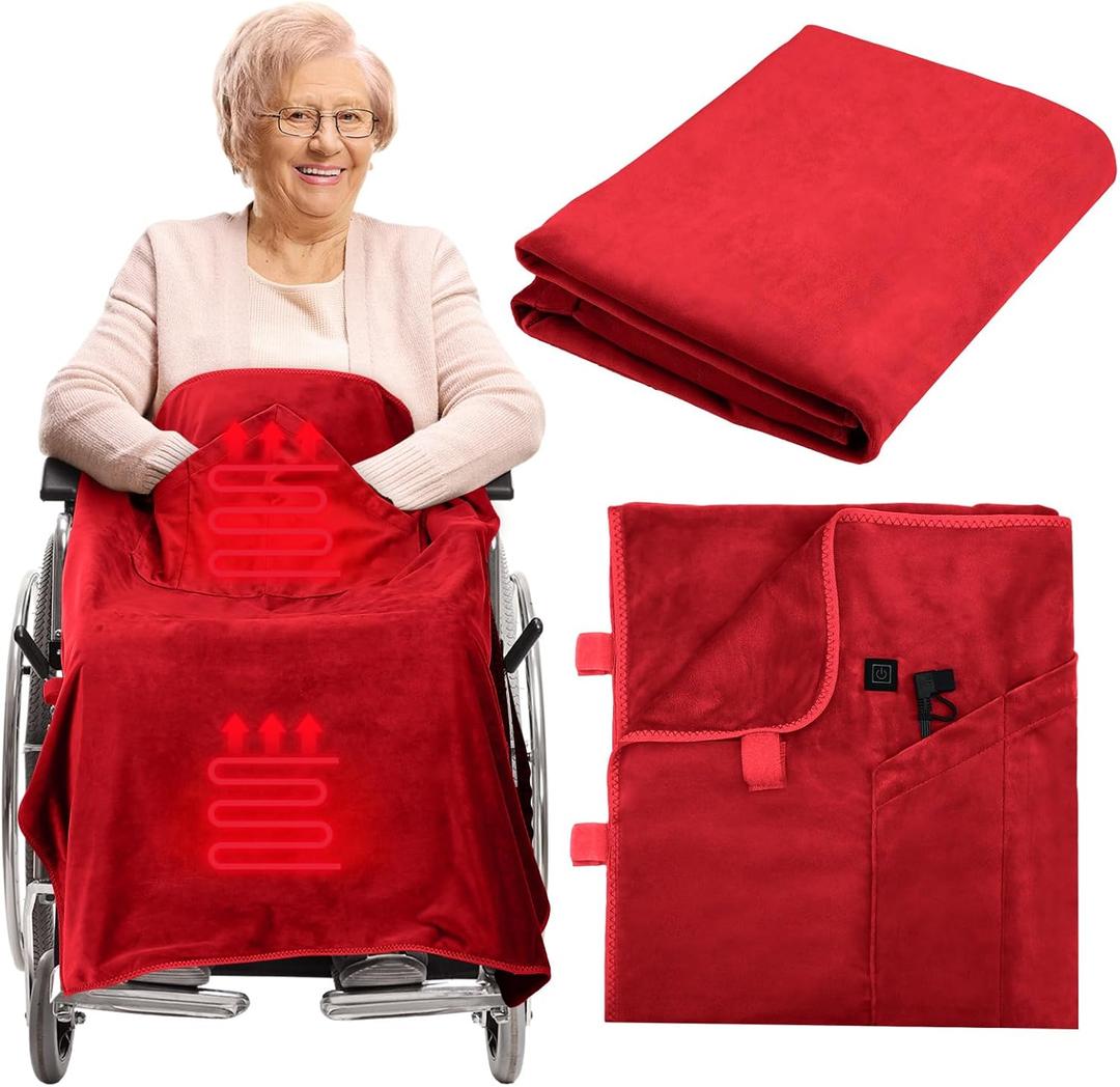 Hahafelt 12v Heated Flannel Wheelchair Blanket, Red Portable Heated Throw for Elderly 2 Heating Zones, Camping Essentials, Elderly Gift