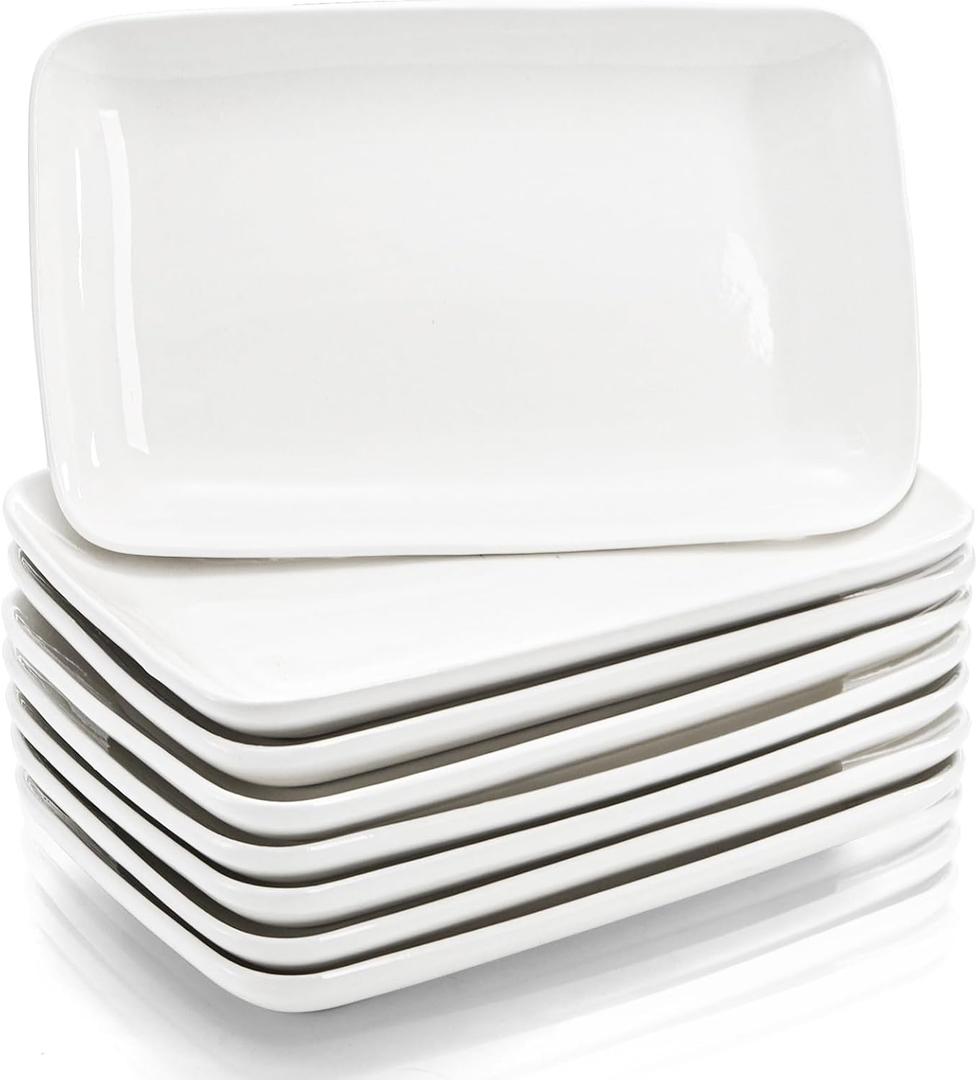 Foraineam Set of 8 Pieces 8 Inch Rectangular Porcelain Platters Dessert, Appetizer, Salad Plates White Serving Trays