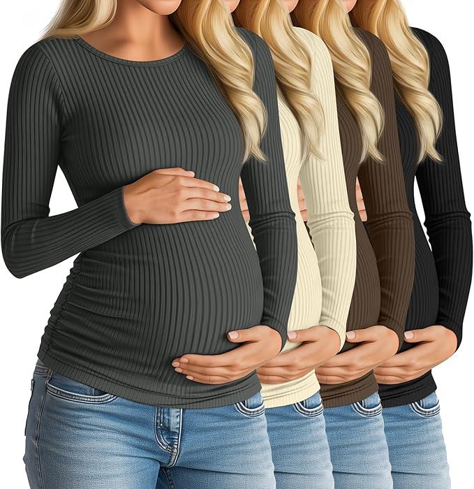 Huukeay 4 Pack Women's Maternity Shirts, Long Sleeve Cotton Ribbed Pregnancy Tops Side Ruched Crew Neck Casual Mama Clothes, M