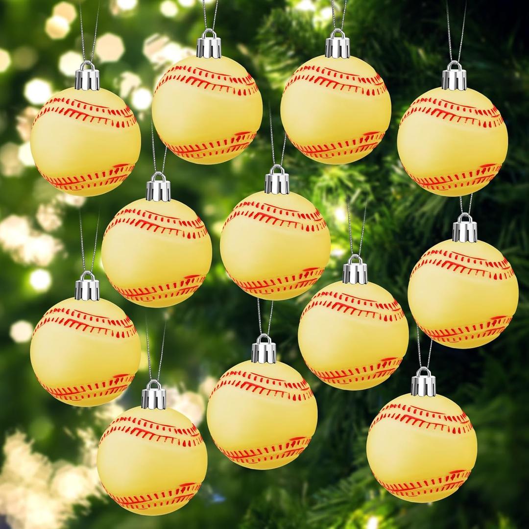 Leitee 12 Pcs Christmas Plastic Softball 2.36 Inch Xmas Tree Ornaments with Hanging Loop Sports Theme Decorative Hanging Ornaments for Holiday Party Christmas Tree Home