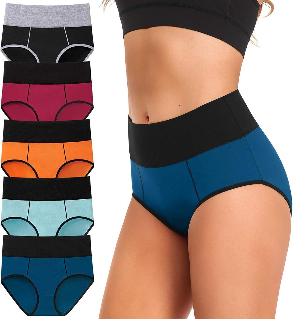 ASIMOON Tummy Control High Waisted Underwear for Women Cotton Plus Size Full Coverage Panties Ladies Briefs (Large, Multicoloured-a-5 Pack)