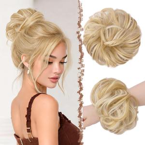 FESHFEN Large Messy Bun Hair Piece - Wavy Synthetic Chignon Scrunchies Elastic Ponytail Hair Extensions Thick Hairpieces for Women, Champagne Blonde & White Blonde 1.94oz