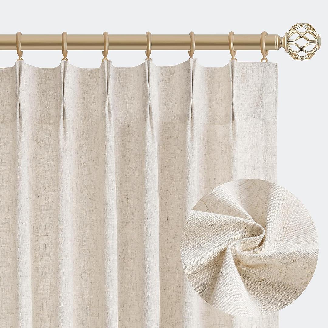 Linen Pinch Pleated Curtains 84 Inch Length 2 Panels Set for Living Room Cream Semi Sheer Window Curtain for Bedroom Boho Farmhouse Neutral Back Tab Drape Decor with Hooks, Natural Beige Ivory