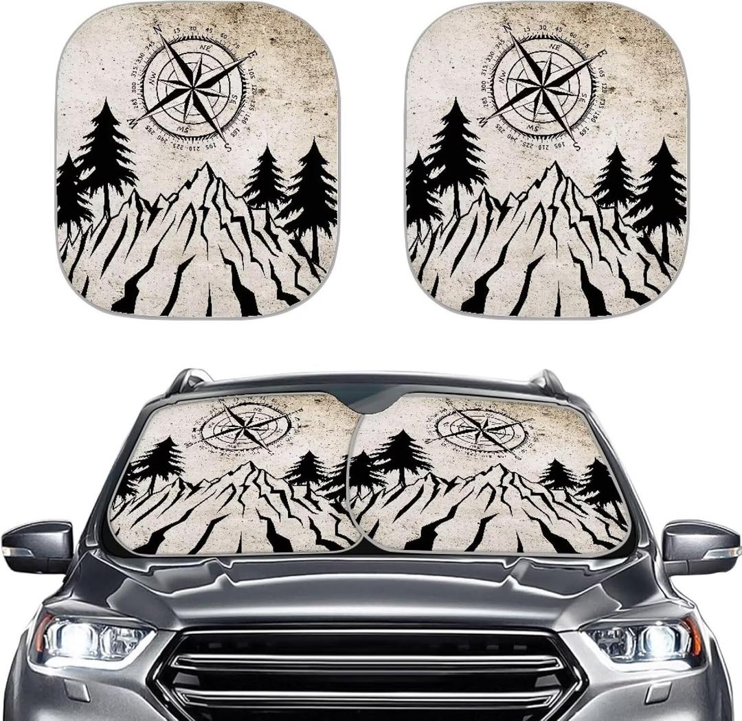 Renewold Mountain Front Window Sun Visor Automotive Windshield Sunshade Summer Outdoor Car Window Shade for Most Sedans Van SUV Truck Foldable Cool Sun Shield Cover Pack of 2 Portable Car Accessories